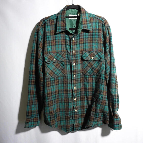 Vintage Mens Store Green Plaid Flannel Tall Large Flap Pockets Retro VTG Outdoor - Picture 1 of 6